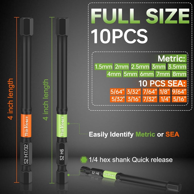 ThinkLearn Allen Wrench Drill Bit Set for Impact Drivers, 20PCS Hex Bit Set (Metric&SAE), 4" Long Allen Wrench Drill Sets, 1/4" Hex-Shank S2 Steel Head with Quick Release Bits, CNC Machined Tips with Magnetism - Image 3
